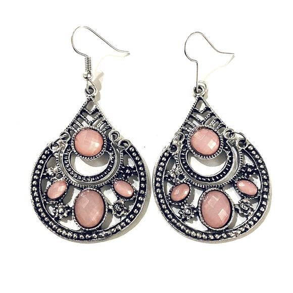 Silver Boho Light Pink Stones Drop Earrings - Picture 1 of 1